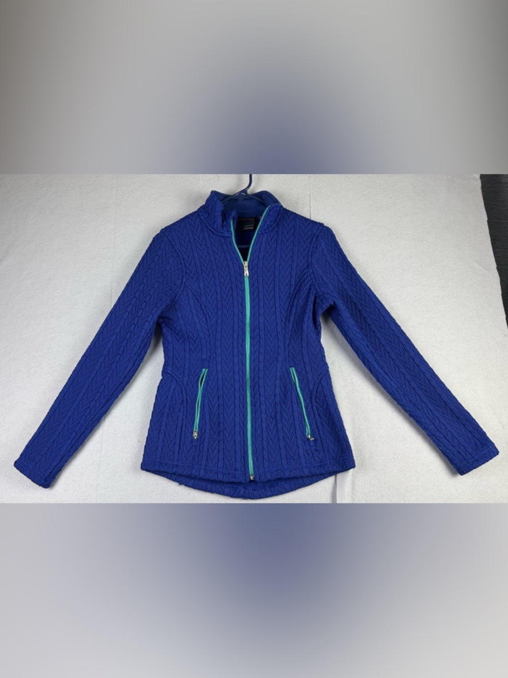 Spyder Women's Cobalt Blue Cable-Knit Zip Jacket with Teal Accents - Picture 1 of 10